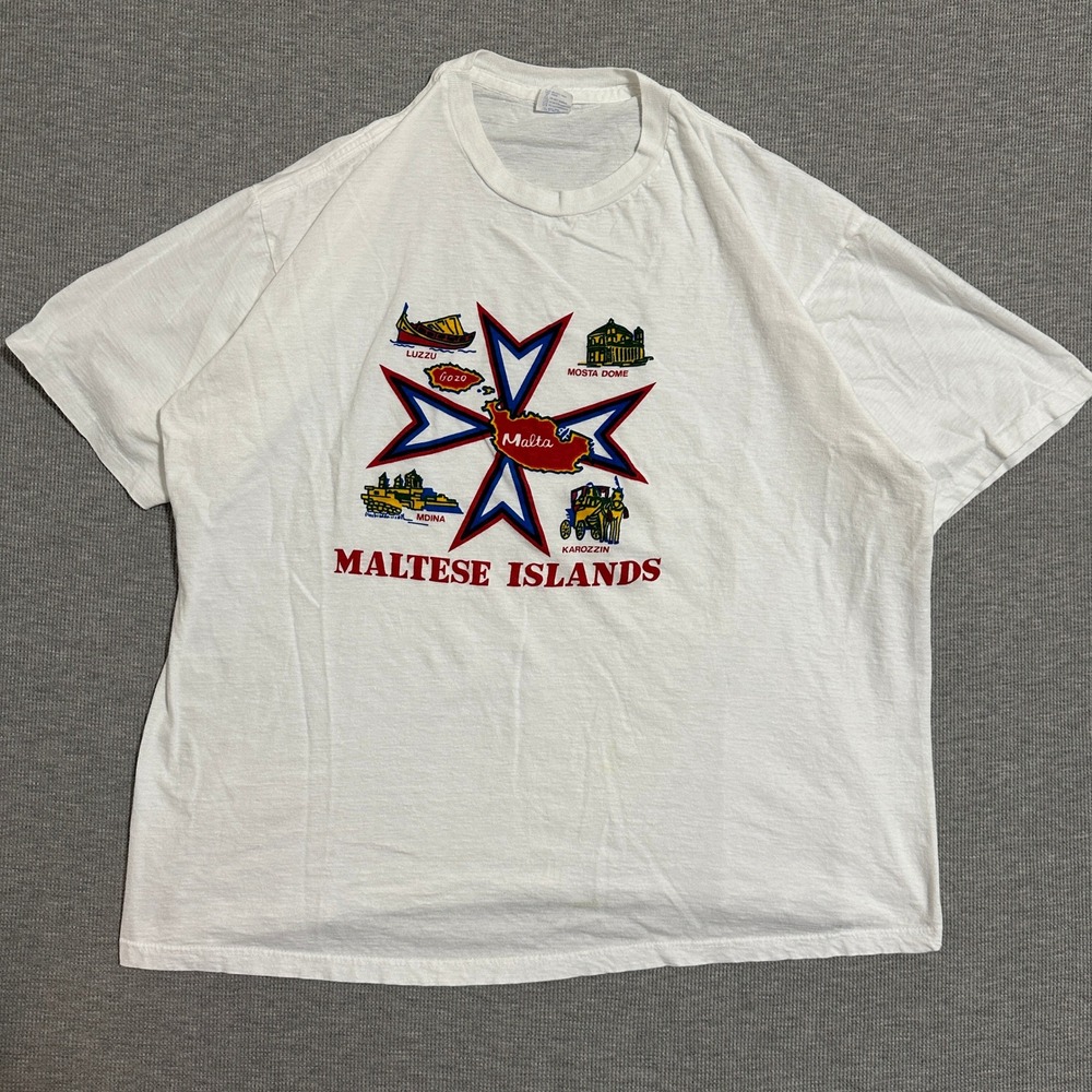 Vintage Malta Maltese Islands Souvenir Graphic Single Stitch‎ Tee White XL